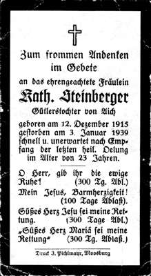 Sterbebildchen Katharina Steinberger, *12.12.1915 †03.01.1939