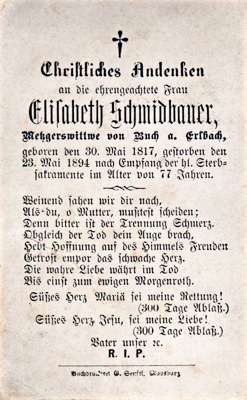 Sterbebildchen Elisabeth Schmidbauer, *30.05.1817 †23.05.1894