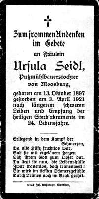 Sterbebildchen Ursula Seidl, *13.10.1897 †03.04.1921