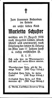 Sterbebildchen Marietta Schuster, *1925 †21.08.1936