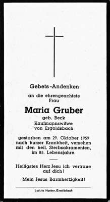 Sterbebildchen Maria Gruber, *1874 †29.10.1959