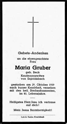 Sterbebildchen Maria Gruber, *1874 †29.10.1959