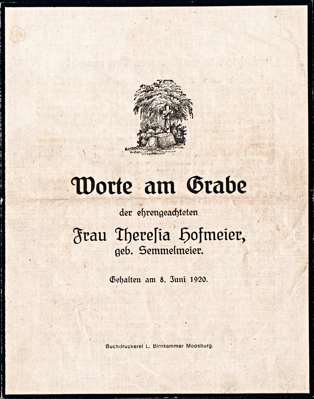 Worte am Grabe von Therese Hofmeier, *18.09.1896 †05.06.1920