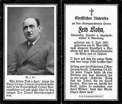 Sterbebildchen Fritz Kohn, *09.07.1887 †31.05.1938