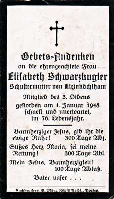 Sterbebildchen Elisabeth Schwarzkugler, *1872 †01.01.1948