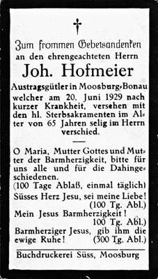 Sterbebildchen Johann Hofmeier, *1864 †20.06.1929