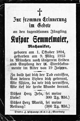 Sterbebildchen Kaspar Semmelmaier, *01.10.1894 †09.03.1913