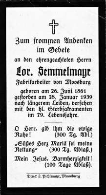 Sterbebildchen Lorenz Semmelmayr, *26.06.1861 †28.01.1939