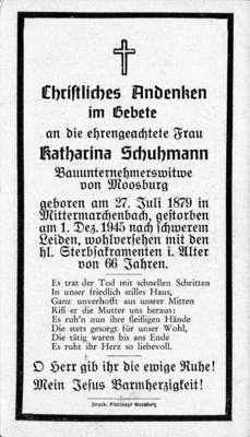 Sterbebildchen Katharina Schuhmann, *27.07.1879 †01.12.1945