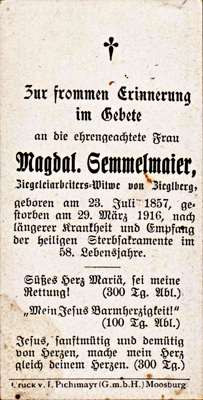 Sterbebildchen Magdalena Semmelmaier, *23.07.1857 †29.03.1916