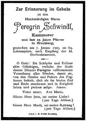 Sterbebildchen H.H. Peregrin Schwindl, 1880 bis 1905 Pfarrer von Bruckberg