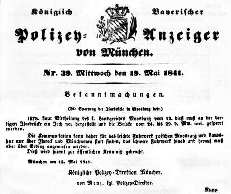 Sperrung der Isarbr�cke vom 24. bis 29. Mai 1841