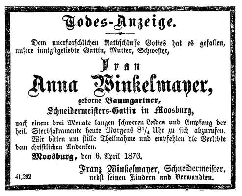 Todesanzeige Anna Winkelmayer *? †06.04.1876