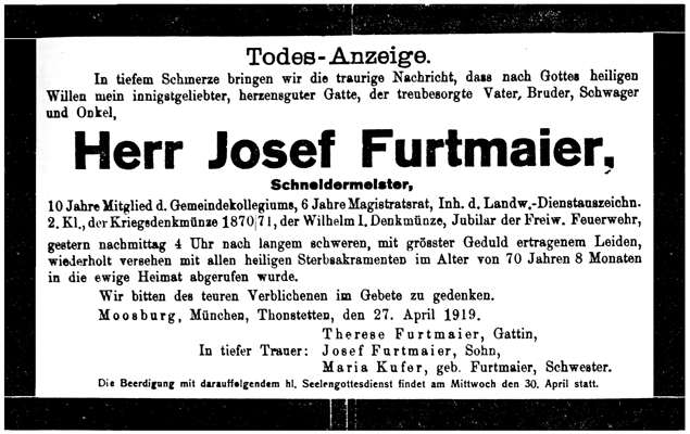 Todesanzeige Josef Furtmaier *31.08.1848 †27.04.1919
