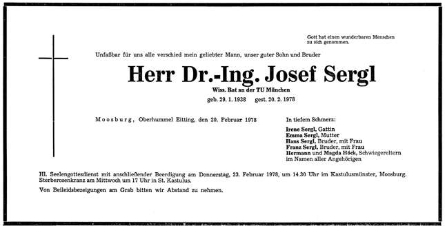 Todesanzeige Dr.-Ing. Josef Sergl, *29.01.1938 †20.02.1978
