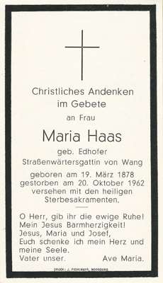 Sterbebildchen Maria Haas, *19.03.1878 †20.10.1962