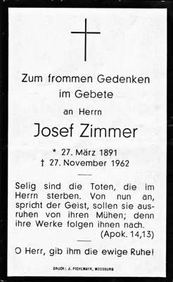 Sterbebildchen Josef Zimmer, *27.03.1891 †27.11.1962