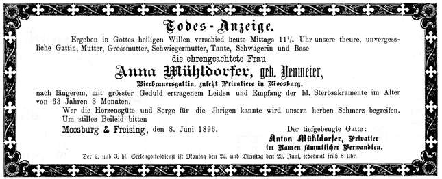 Todesanzeige Anna Mhldorfer *03.10.1833 †08.06.1896