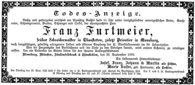 Todesanzeige Franz Furtmeier *29.12.1816 †26.09.1896