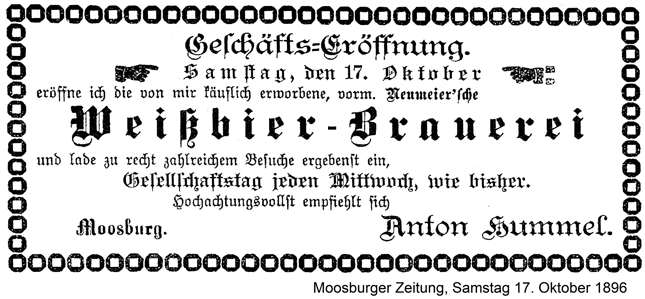Anzeige Wei-Bierbrauerei Anton Hummel - 17.10.1896