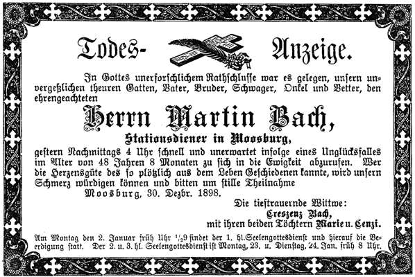 30.12.1898, Todesanzeige Stationsdiener Martin Bach