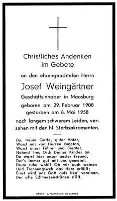 Sterbebildchen Josef Weingrtner, *29.02.1908 †08.05.1958
