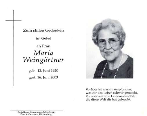 Sterbebildchen Maria Weingrtner, *12.06.1920 †16.06.2003