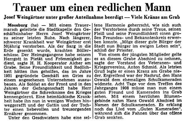 Trauer um Josef Weingrtner, *29.02.1908 †08.05.1958