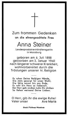 Sterbebildchen Anna Steiner, *06.07.1888 †03.01.1960