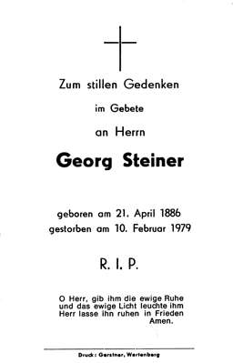 Sterbebildchen Georg Steiner, *21.04.1886 †10.02.1979