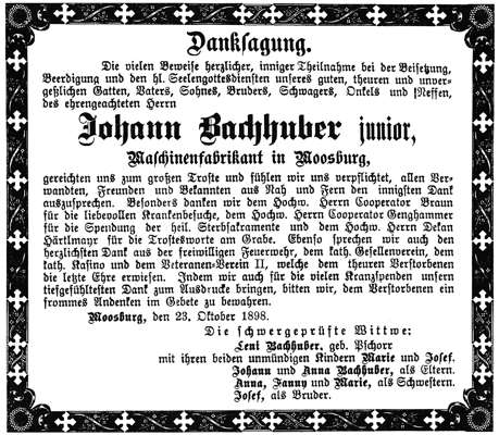 Danksagung Johann Bachhuber jun. *1862 †09.10.1898