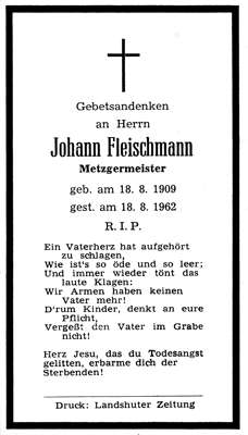 Sterbebildchen Johann Fleischmann, *18.08.1909 †18.08.1962
