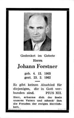Sterbebildchen Johann Forstner, *04.12.1903 †23.02.1962