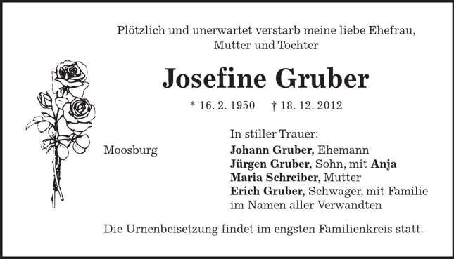 Todesanzeige Josefine Gruber *16.02.1950 †18.12.2012
