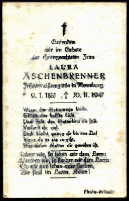 Sterbebildchen Laura Aschenbrenner (*09.01.1881 †30.11.1947)