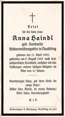 Moosburg Sterbebildchen Anna Haindl, 1943