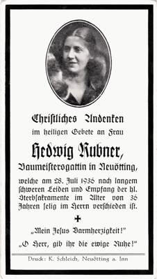 Moosburg Sterbebildchen Hedwig Rubner, 1936