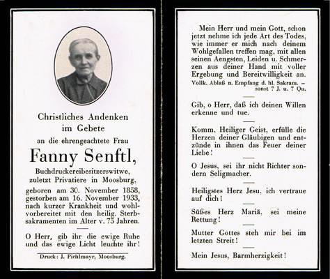 1933, Sterbebildchen Fanny Senftl