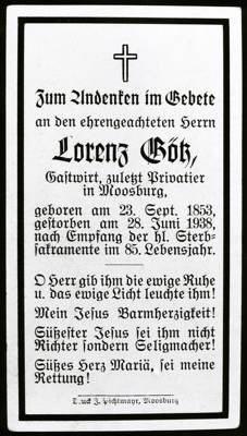 Sterbebildchen Lorenz Gtz, *1853  †1938