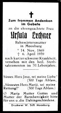 Moosburg Sterbebildchen Ursula Lechner, 1939