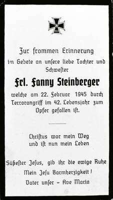 Moosburg Sterbebildchen Fanny Steinberger, 1945