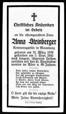 Moosburg Sterbebildchen Anna Steinberger, 1945