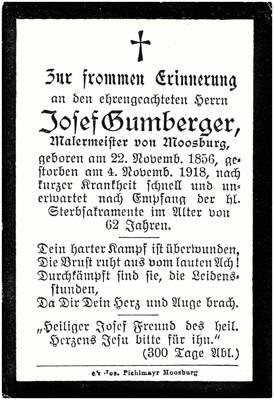 Sterbebildchen Josef Gumberger, 1918