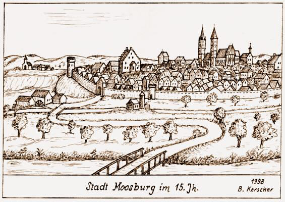 Moosburg im 15. Jahrh., gezeichnet 1998 von Bernhard Kerscher