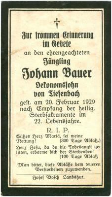 Sterbebildchen Johann Bauer, Tiefenbach, *1907 †1929