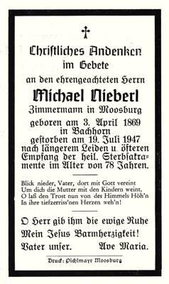Sterbebildchen Michael Nieberl, *1869 †1947