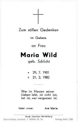 Sterbebildchen Maria Wild, *1901 †1982