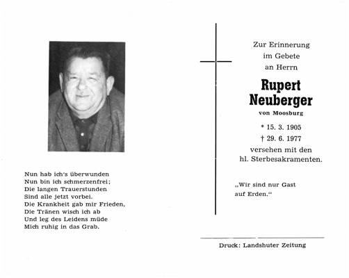 Sterbebildchen Rupert Neuberger, *1905 †1977