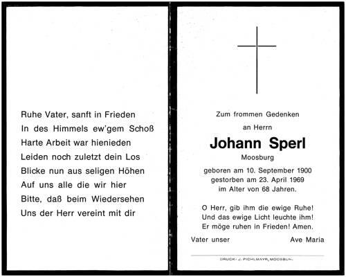 Sterbebildchen Johann Sperl, *1900 †1969