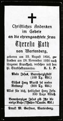 Sterbebildchen Theresia Rath, Wartenberg, *1856 †1930